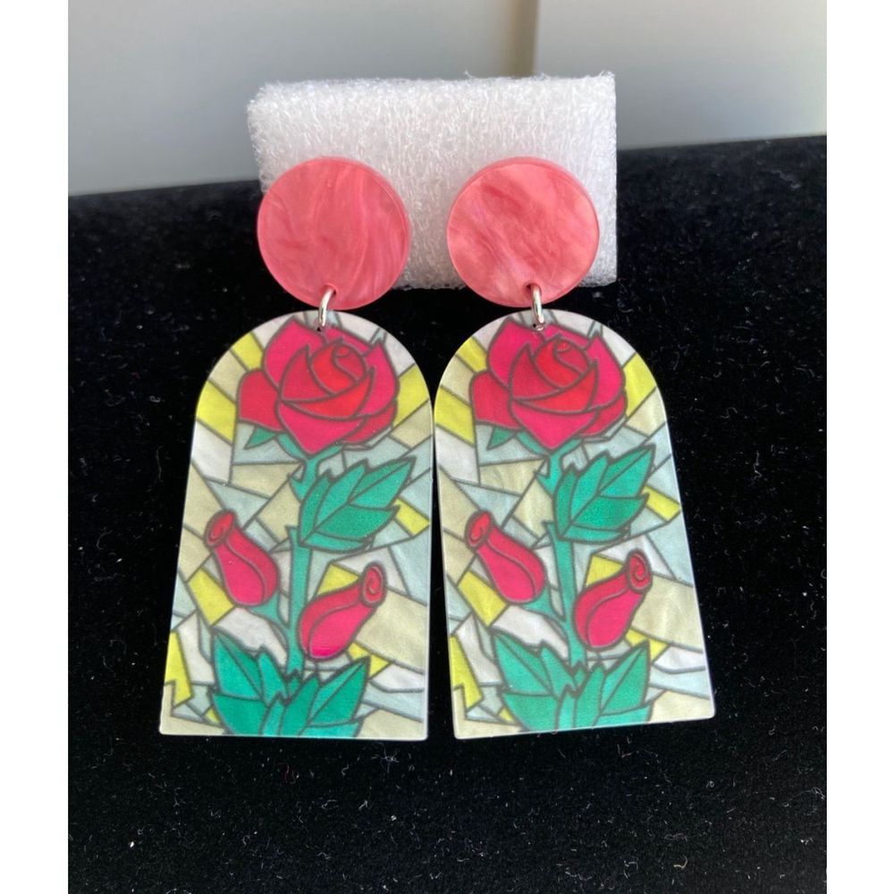 Stained Glass Red Pink Rose earrings